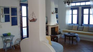 TV, fireplace, DVD player, books