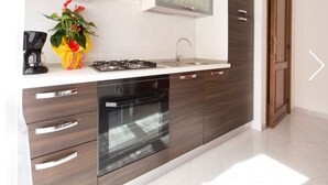 Eine moderne Küche mit Einbauofen, Gasherd, Spüle und einem Schrank mit Glastür.