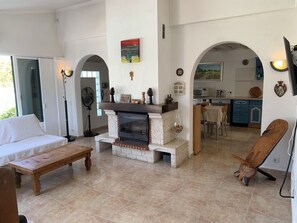 Smart TV, fireplace, DVD player, books