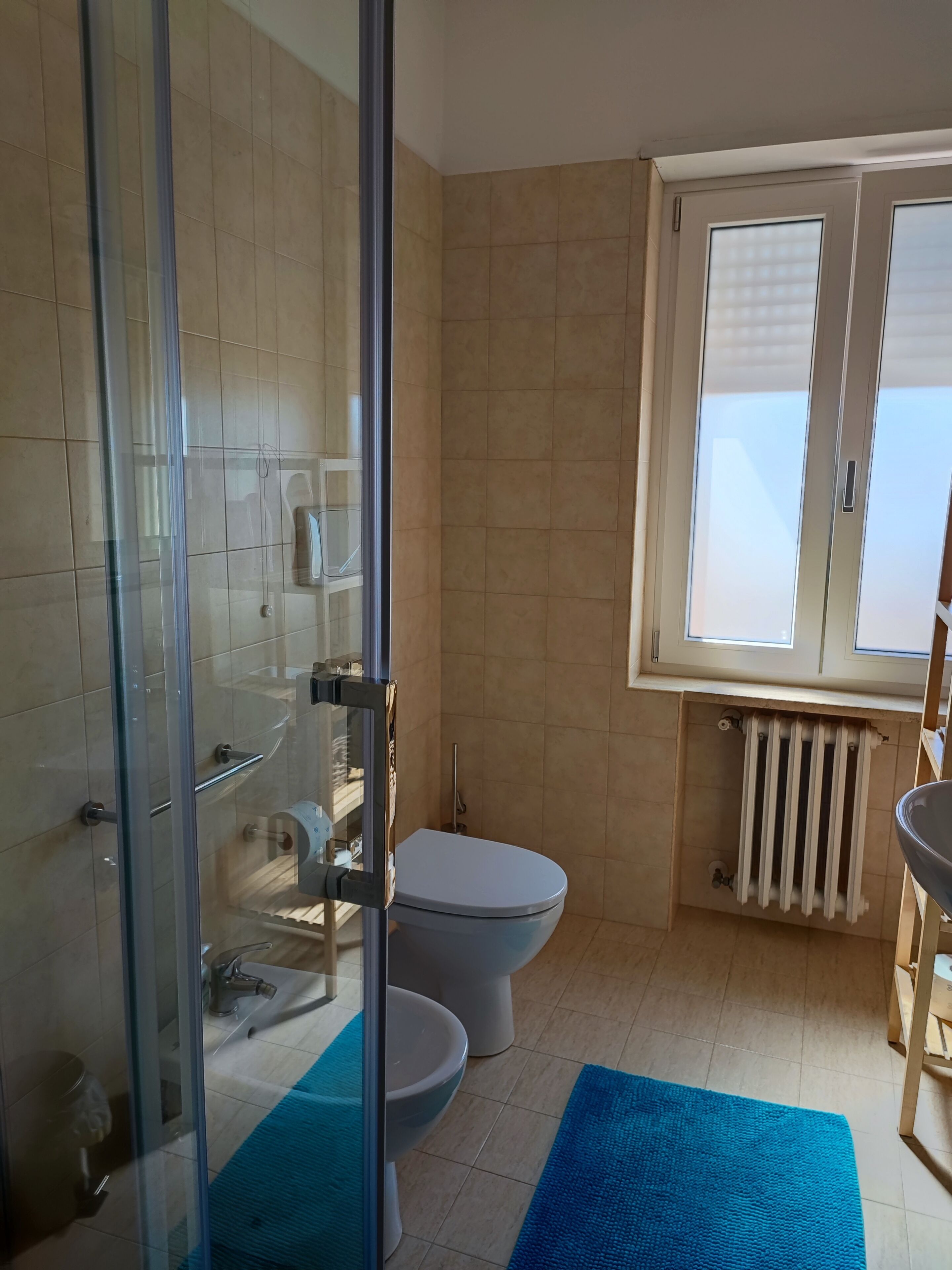 A bathroom with a glass shower enclosure, a toilet, a sink, and a window providing natural light.