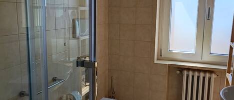 A bathroom with a glass shower enclosure, a toilet, a sink, and a window providing natural light.