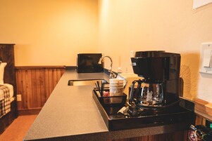 Fridge, microwave, coffee/tea maker