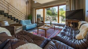 Smart TV, caminetto, lettore DVD, libri