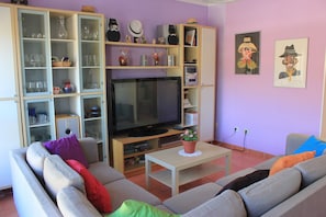 Een smart-tv, boeken en een stereo