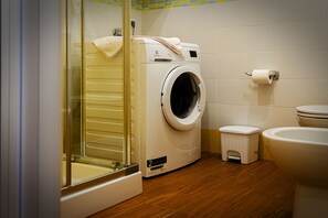 Shower, hair dryer, bidet, towels