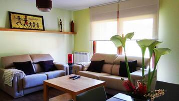 Een smart-tv, een open haard, een dvd-speler en boeken