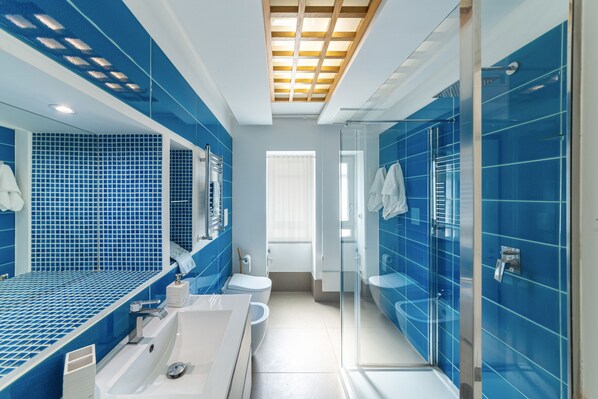 Shower, hair dryer, bidet, towels