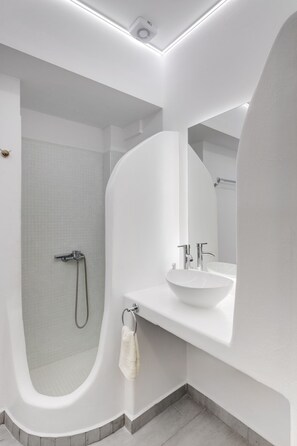 Combined shower/tub, hair dryer, towels, shampoo