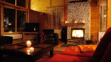 TV connectée, cheminée, lecteur de DVD, livres