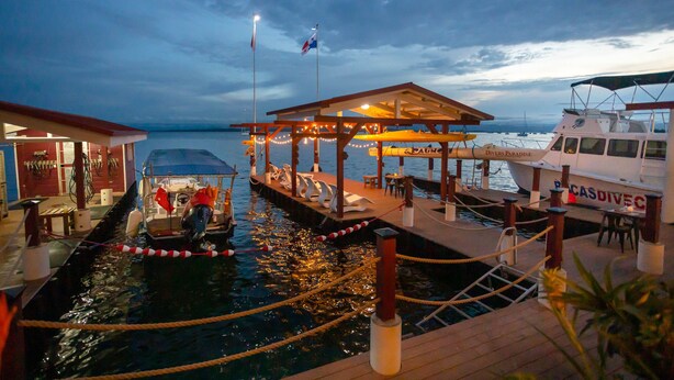 Um barco atracado com área de estar coberta e um restaurante chamado "DIVERS PARADISE" em águas calmas ao anoitecer.