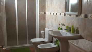 Regadera, secadora de cabello, bidet, toallas