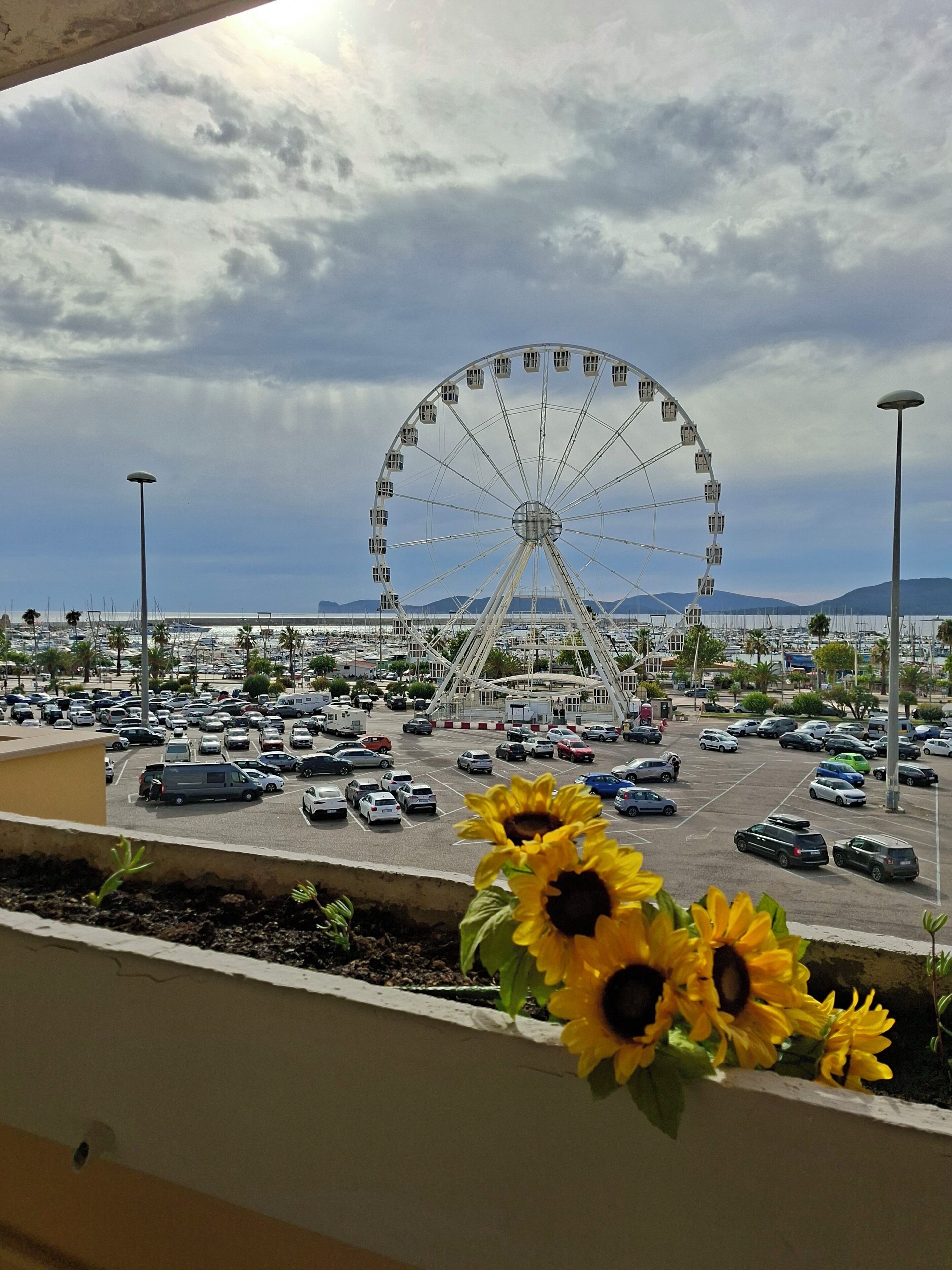 A parking lot with a Ferris wheel in the background.