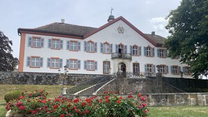A large, white building with blue shutters and a stone staircase leading to a balcony. - Modern spacious apartment in a quiet south-facing slope. (Kandern)