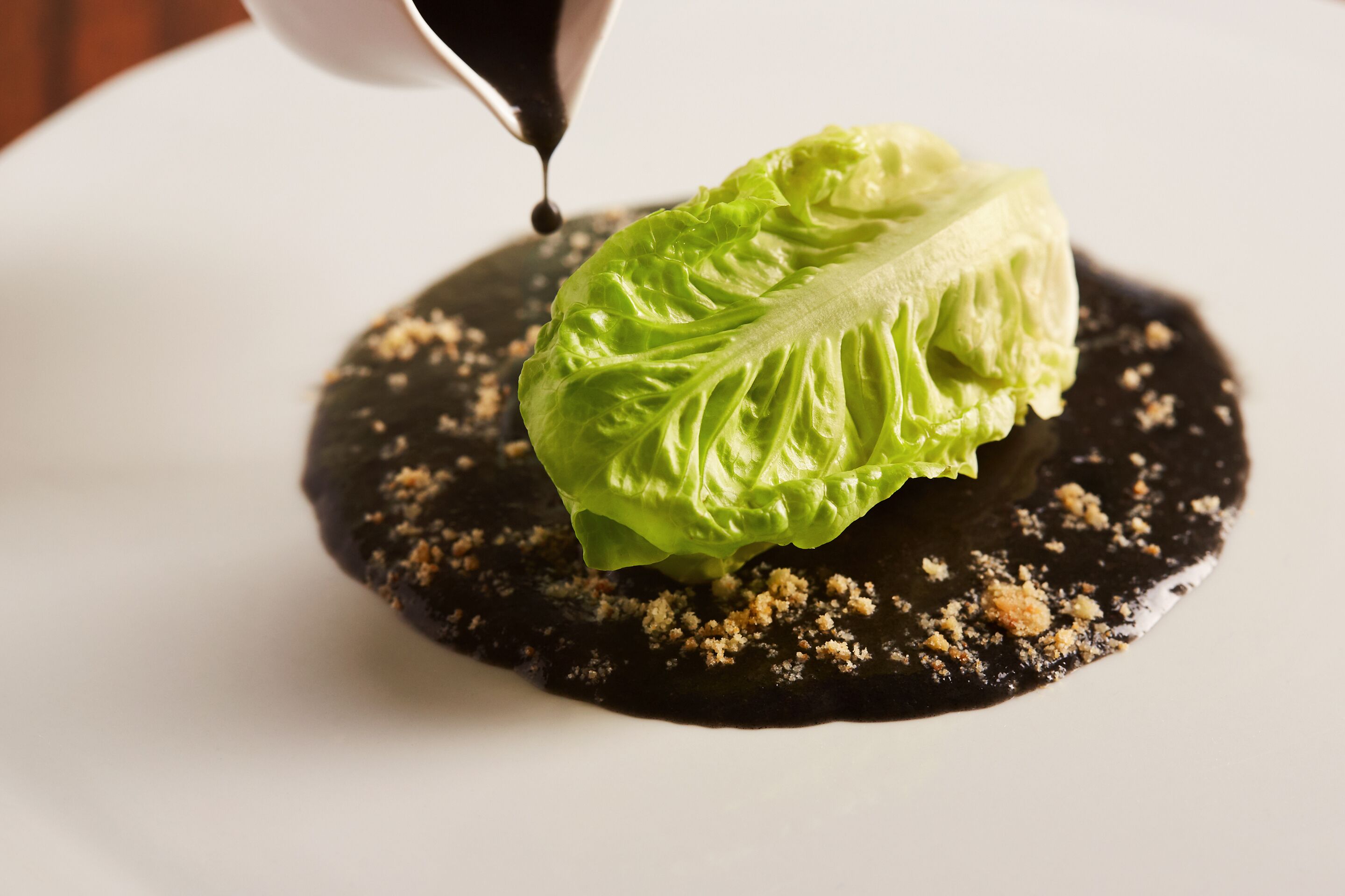 A dish with a green leafy vegetable on a dark sauce with crumbled topping.