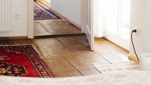 A hallway with wooden flooring, a red and black patterned rug, and a white door leading to another room. - 3 Stars Holiday House - Historic ambience of the 18th century. Century (Niederleierndorf)