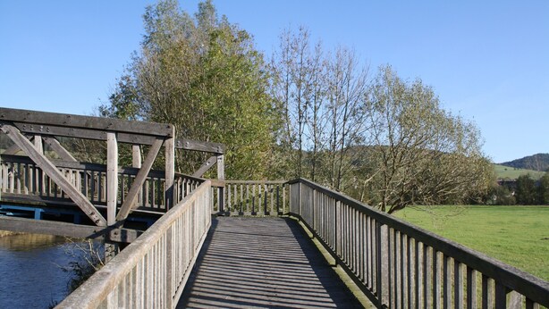 A wooden pedestrian bridge over a body of water with a grassy area and trees in the background.