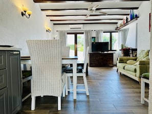 Smart TV, fireplace, video games, DVD player