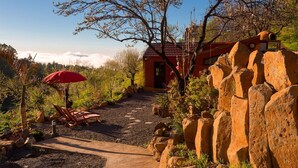 Un sendero en un jardín que lleva a un edificio rojo con una puerta, rodeado de rocas y plantas.