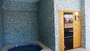 Ein Wellnessbereich mit kleinem Pool und einer Holztür, die zu einem Außenbereich führt.