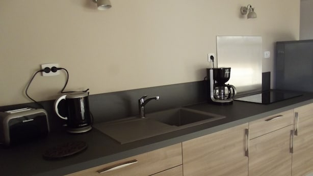 Una cocina moderna con un lavamanos doble, una cafetera, un tostador y un hervidor.