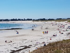 On the beach, sun loungers, beach towels