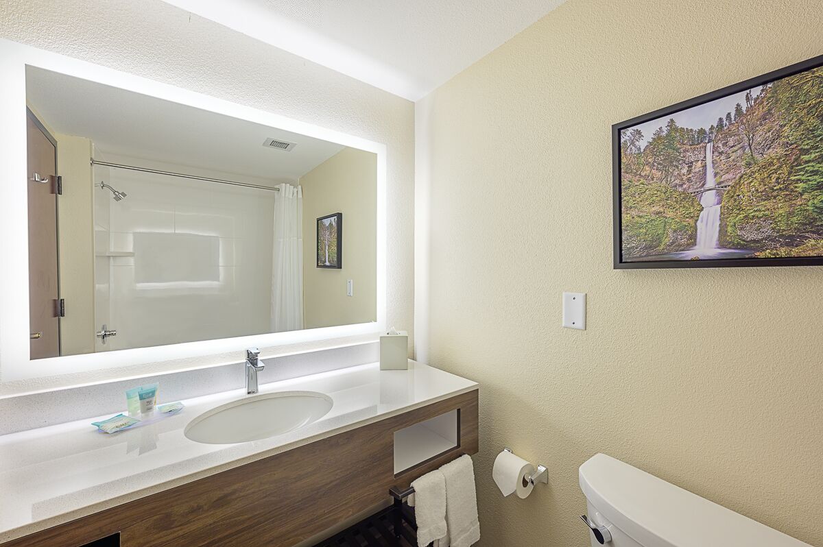 A hotel bathroom with a large mirror, a sink, a toilet, and a framed picture on the wall.