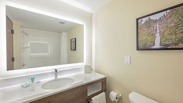 A hotel bathroom with a large mirror, a sink, a toilet, and a framed picture on the wall.