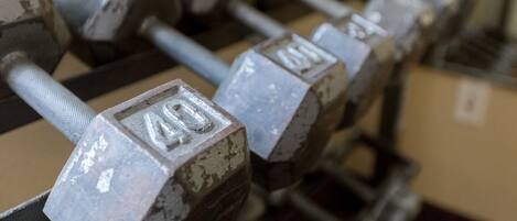 A row of vintage dumbbells with visible weight markings.