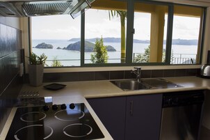 Una cocina con vista al mar, que incluye estufa, fregadero y lavavajillas.