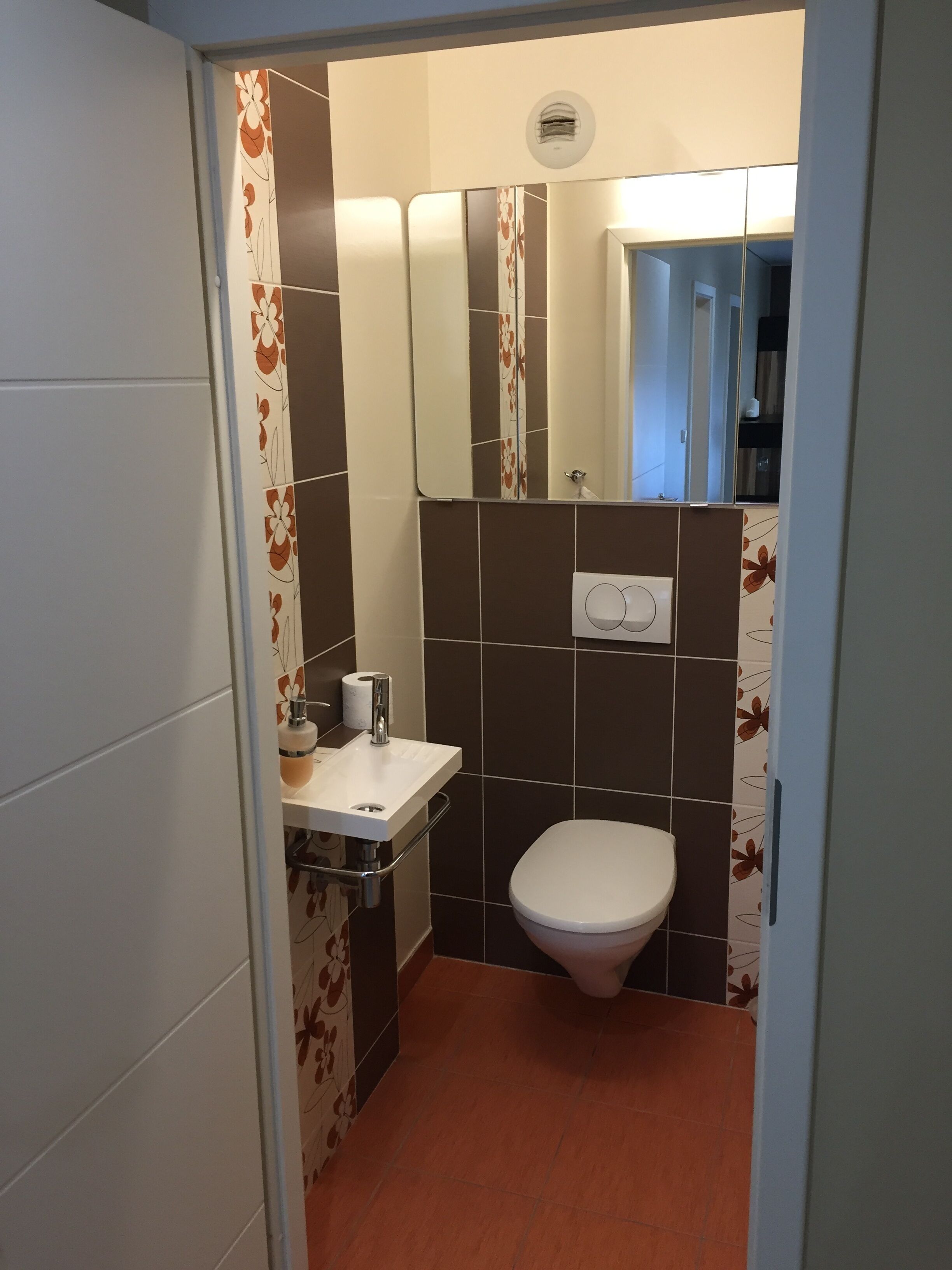 Un bagno piccolo con il water, un lavandino e uno specchio.
