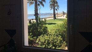 A window view of a beach with palm trees and a clear sky. - Large, comfortable villa facing the beach - Fully air-conditioned (Gruissan)