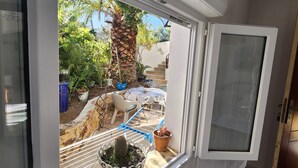 Habitación con ventana que da a un jardín, una pequeña mesa con un cactus y una puerta con un panel de vidrio esmerilado.