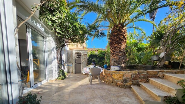 Un patio con muro de piedra, una palmera y una mesa con sillas.