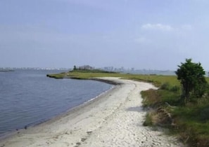 A coastal path with a sandy beach and grassy areas.