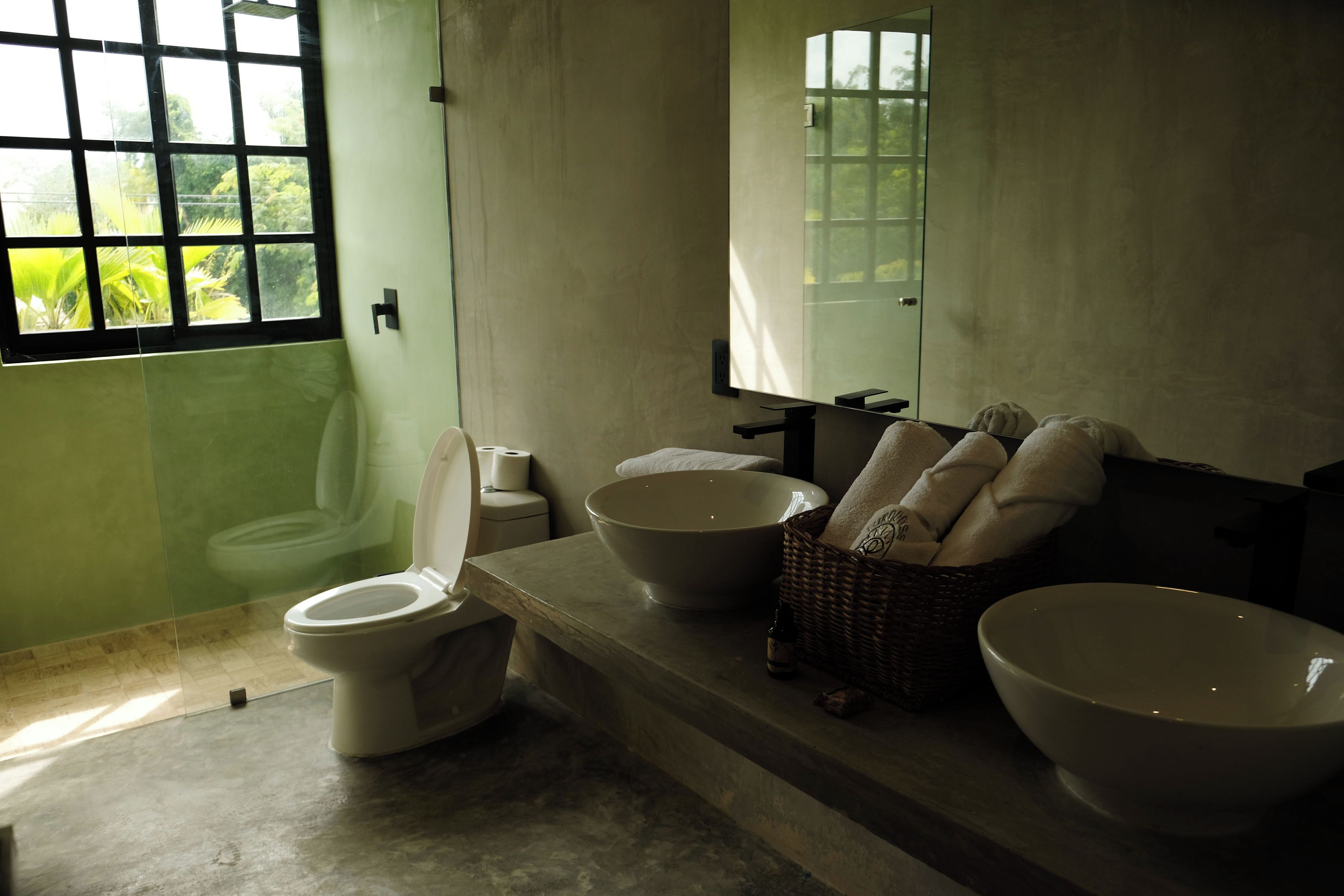 A bathroom with a toilet, two large sinks, and a window with a view of greenery.