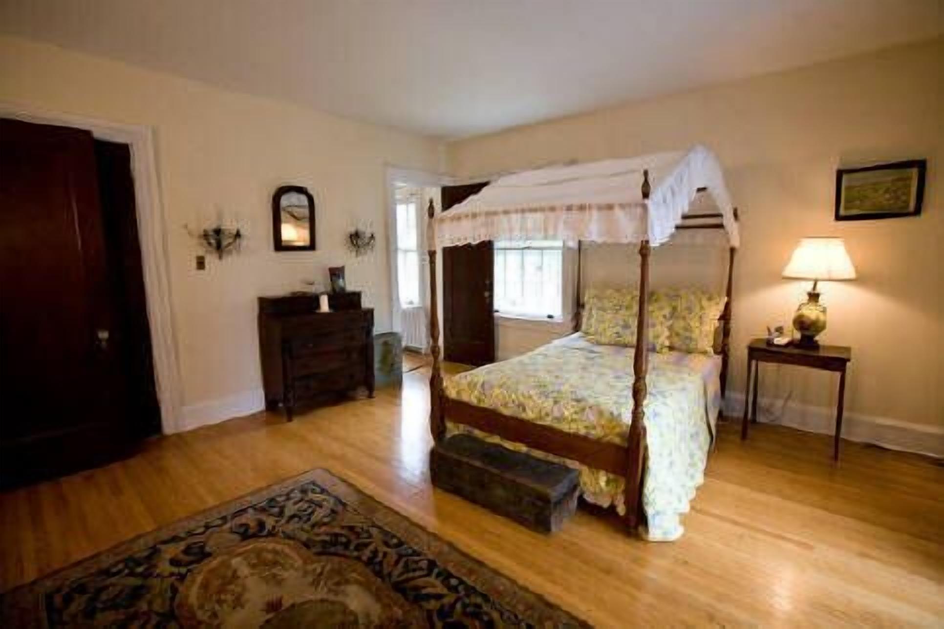 Un lit à baldaquin, une table de chevet avec une lampe, une commode et un tapis à motifs.