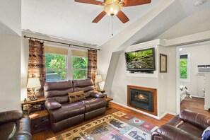 Smart TV, chimenea, reproductor de DVD y libros