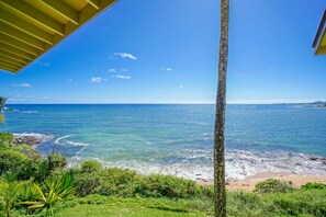 A coastal view with a clear sky, a sandy beach, and lush greenery.