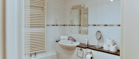 A bathroom with a sink, mirror, toilet paper, and a towel rack.