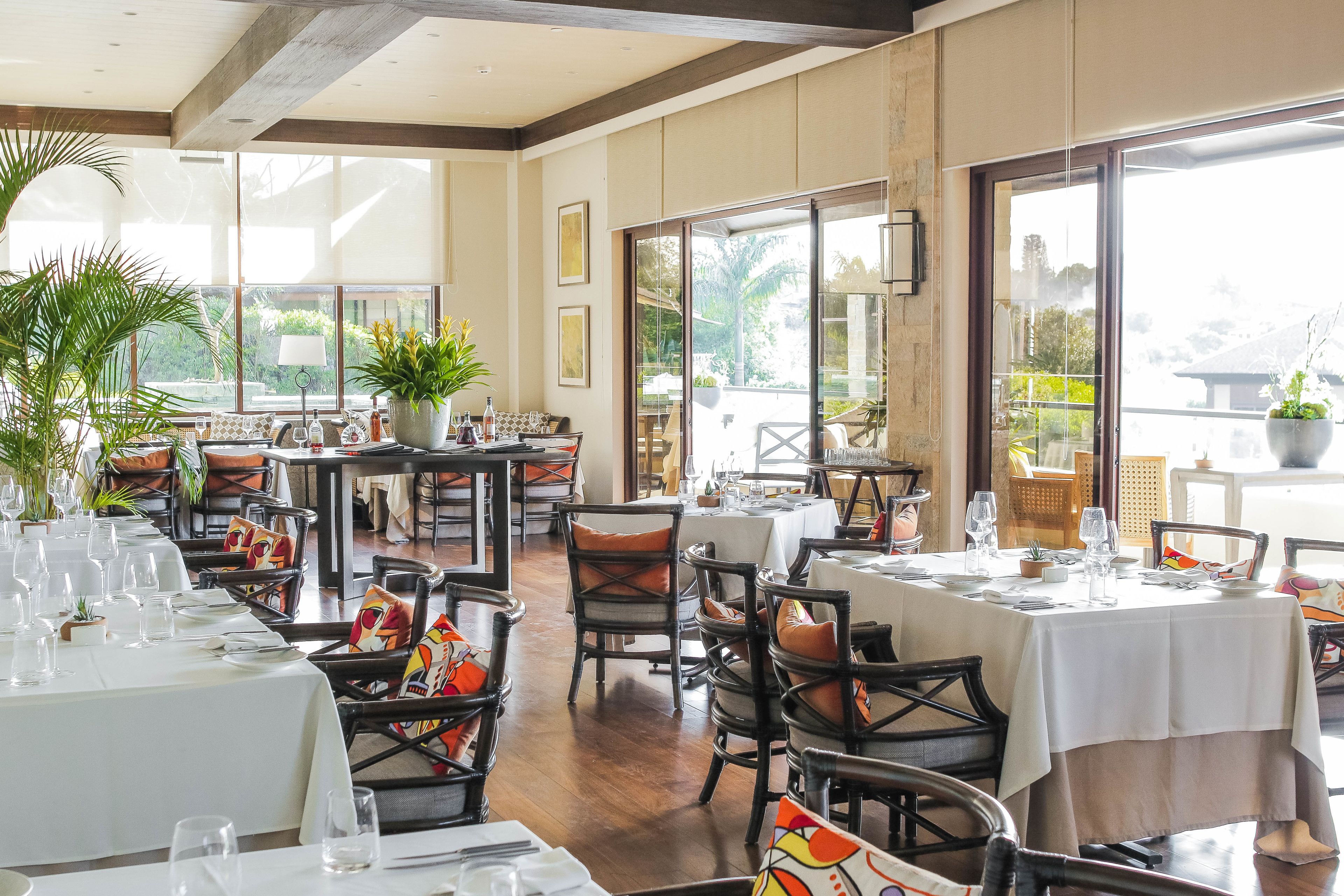 A restaurant with multiple tables and chairs, large windows, and potted plants.