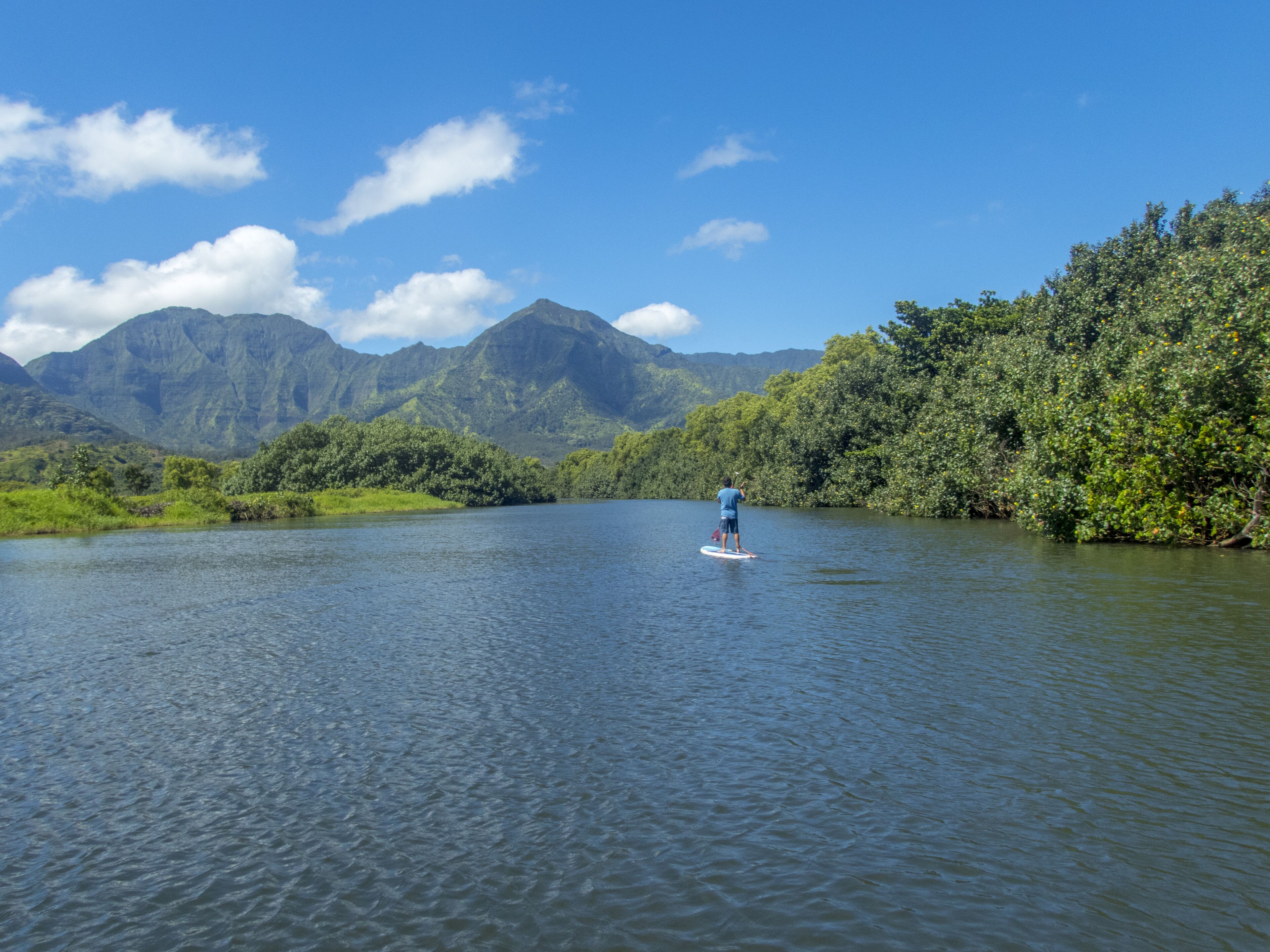 A person paddleboarding on a calm river surrounded by lush greenery and mountains.