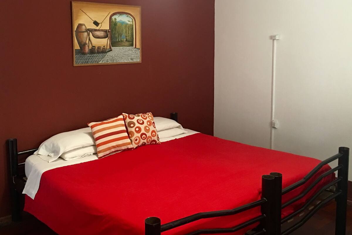 Una cama con un cubrecolcha rojo, almohadas blancas y almohadas estampadas.