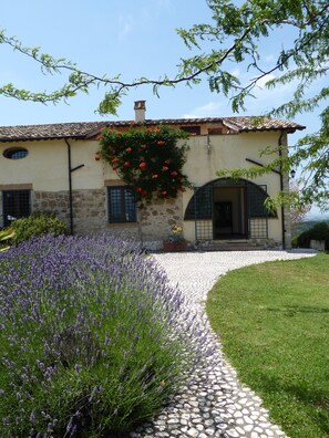 Una casa amb façana de pedra, teulada de rajola i un jardí ple de lavanda i flors vermelles.