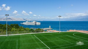Un campo sportivo con una vasta distesa d'acqua e una nave da crociera sullo sfondo.