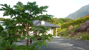 A house with a covered porch, surrounded by greenery and a gravel driveway. - sora-mame (Yakushima)