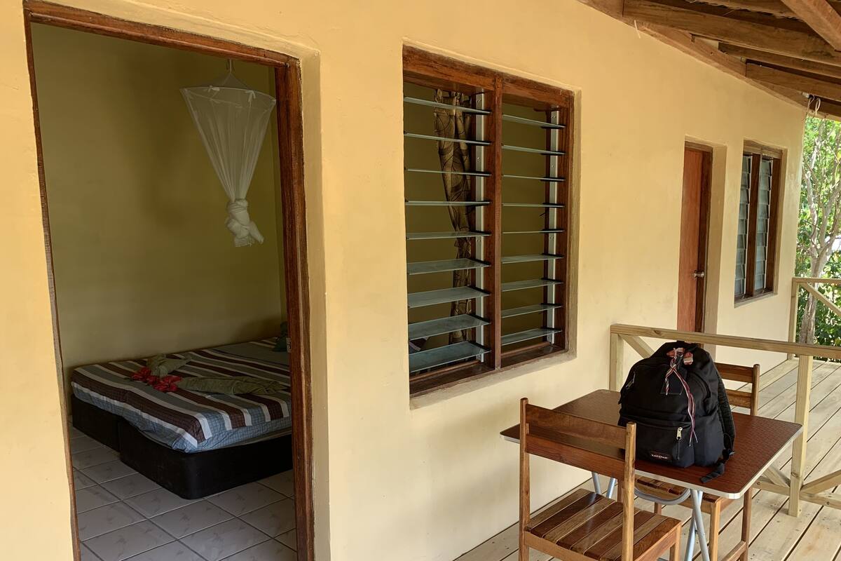 A room with a bed, a table with a backpack, and a window with bars.