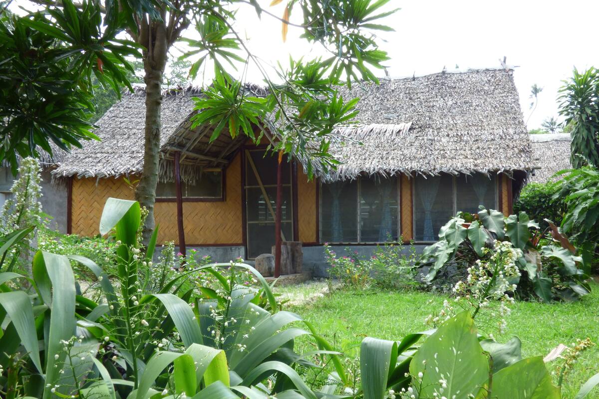 A traditional thatched-roof house surrounded by lush greenery.