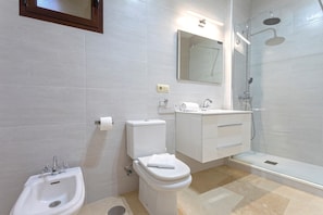 Shower, hair dryer, bidet, towels