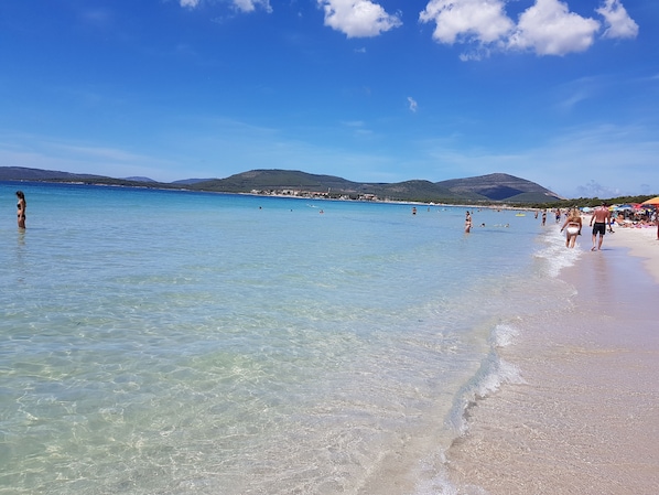 On the beach, sun-loungers, beach towels
