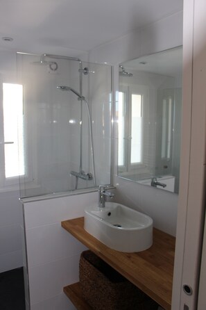 Shower, hair dryer, soap, toilet paper
